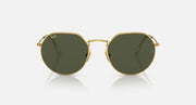 Round green polarized sunglasses with gold metal frame, symmetrical front view