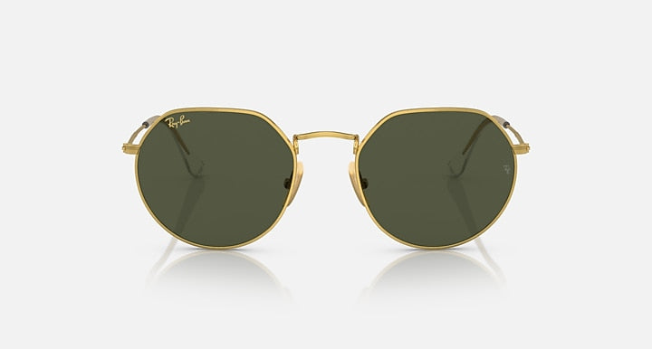 Round green polarized sunglasses with gold metal frame, symmetrical front view