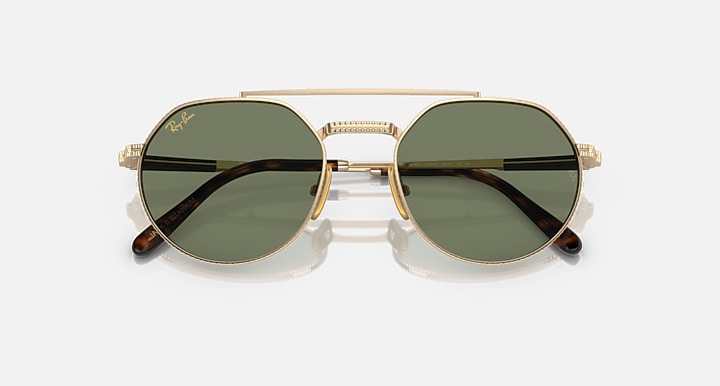 Ray-Ban Jack II Titanium round sunglasses, gold frame with green lenses and tortoise arms