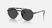 Ray-Ban Jack II round titanium sunglasses with dark green lenses and black frame.