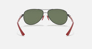 Ray-Ban aviator sunglasses, dark green lenses with red arms and gunmetal frame.