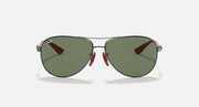 Ray-Ban aviator sunglasses front view, gunmetal frame with dark green lenses.