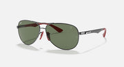 Ray-Ban aviator sunglasses, gunmetal frame with dark green lenses and red accents.