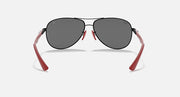 Ray-Ban aviator sunglasses, black frame with dark grey lenses and red arms.