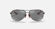 Ray-Ban aviator sunglasses front view, black frame with grey mirror lenses and red hinge.