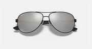 Ray-Ban aviator sunglasses, black frame with gray mirror lenses and curved metal bridge