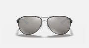 Ray-Ban aviator sunglasses with black frame and gray mirrored lenses, front view