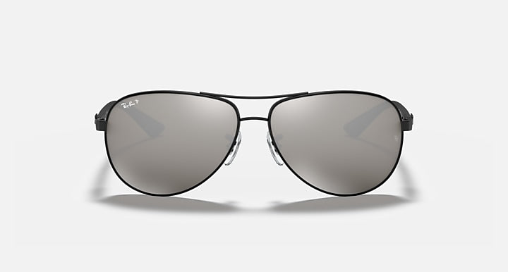Ray-Ban aviator sunglasses with black frame and gray mirrored lenses, front view