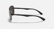 Ray-Ban aviator sunglasses side view, black frame with gray lenses and carbon fiber temple