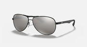 Ray-Ban aviator sunglasses with black frame and gray mirrored lenses, carbon fiber temples