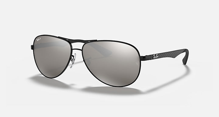 Ray-Ban aviator sunglasses with black frame and gray mirrored lenses, carbon fiber temples