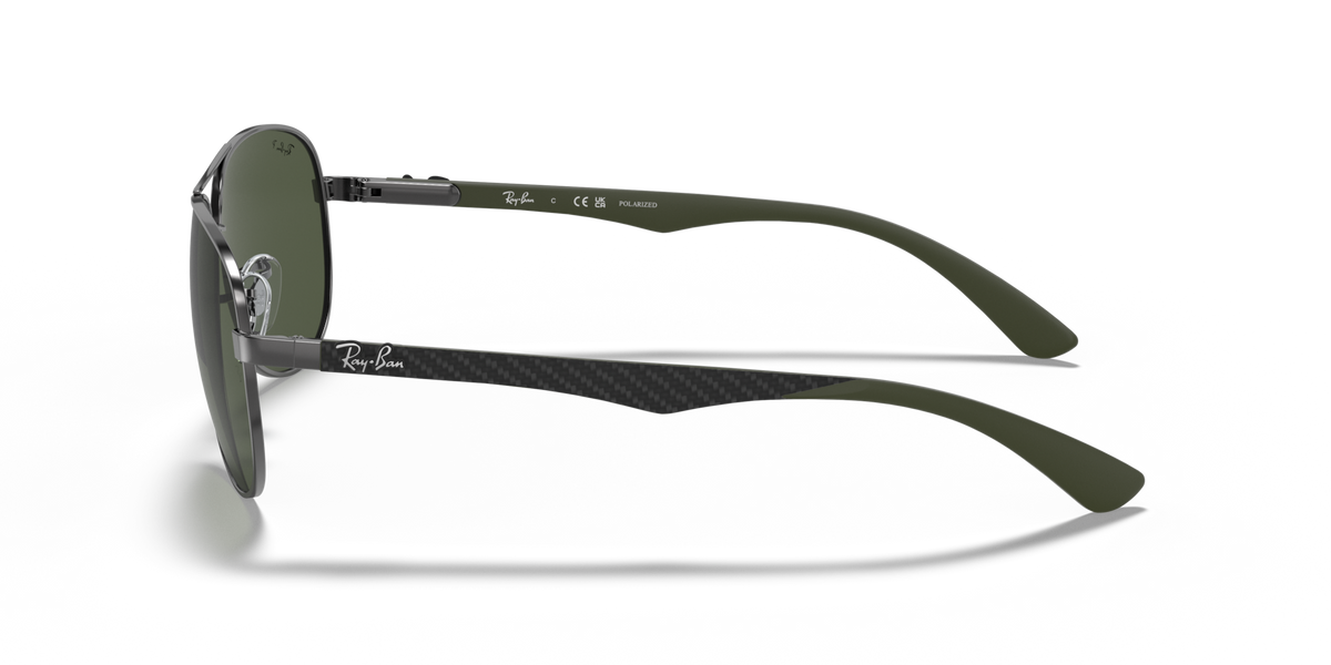 Ray-Ban aviator sunglasses side profile with dark green lenses and slim metal arms