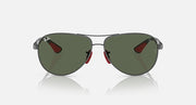 Ray-Ban aviator sunglasses, front view, dark green lenses with red inner accents