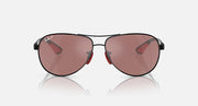 Ray-Ban aviator sunglasses, front view, rose-pink lenses with red inner accents
