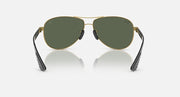 Gold-tone aviator sunglasses front view with dark green lenses and black temples