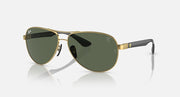 Gold-tone aviator sunglasses with dark green mirrored lenses and polarized finish