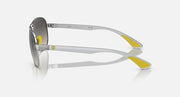 Silver-tone aviator sunglasses side view with smoke lenses and yellow temple tips