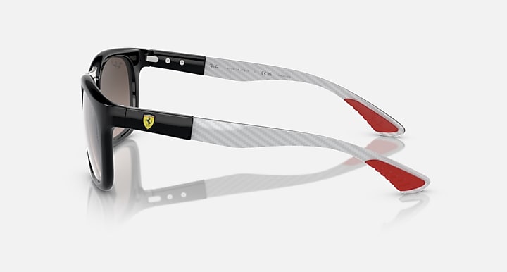 Ray-Ban sunglasses, side view with black frame, patterned temples, and red end tips
