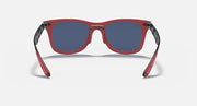 Red sunglasses with blue lenses and dark frame edges