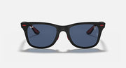 Black sunglasses with blue lenses and red temple details