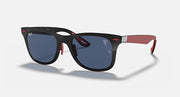 Black and red sunglasses with blue lenses, wrap design, curved temples