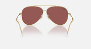 Ray-Ban aviator sunglasses with gold frame and maroon mirrored lenses, front view.