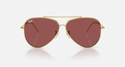Ray-Ban aviator sunglasses, gold frame with maroon lenses and nose bridge.