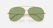 Ray-Ban aviator sunglasses, gold frame with green mirrored lenses and metal bridge.
