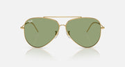 Ray-Ban aviator sunglasses, gold frame with green lenses and wire temples.