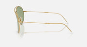 Ray-Ban aviator sunglasses in gold with green lenses, side profile.
