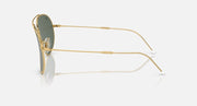 Ray-Ban aviator sunglasses with dark green lenses and gold frame, temple side view.