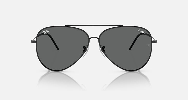 Aviator sunglasses with dark gray lenses and black metal frame, front view