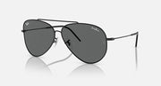 Aviator sunglasses with dark gray lenses and dark metal frames, hinge detail