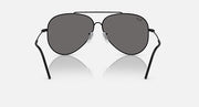 Ray-Ban aviator sunglasses with dark grey lenses and black frame, straight-on view.
