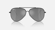 Ray-Ban aviator sunglasses with dark grey lenses and black frame, front view.