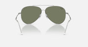 Aviator sunglasses with olive green lenses and silver metal frame, front view
