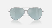 Aviator sunglasses with light blue lenses and silver metal frame, front view