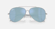 Ray-Ban aviator reverse sunglasses, silver frame, light blue mirrored lenses, front view