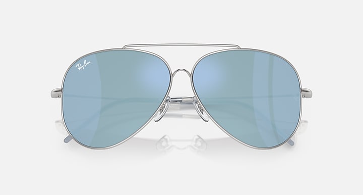 Ray-Ban aviator reverse sunglasses, silver frame, light blue mirrored lenses, front view