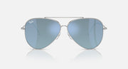 Ray-Ban aviator reverse sunglasses, silver frame, blue mirrored lenses, front view