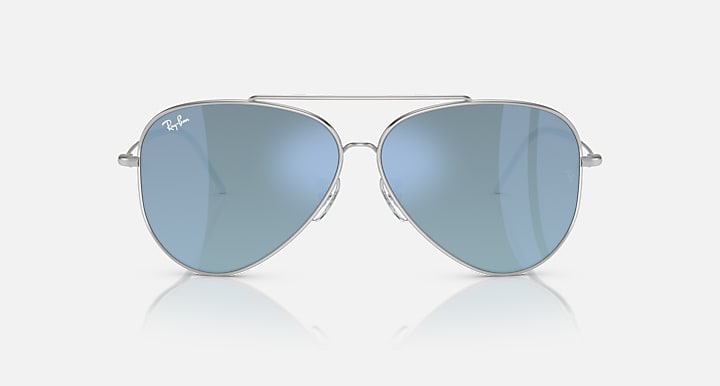 Ray-Ban aviator reverse sunglasses, silver frame, blue mirrored lenses, front view