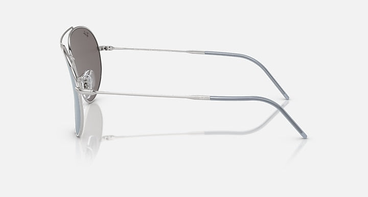 Ray-Ban aviator reverse sunglasses, silver frame side profile with blue mirrored lenses