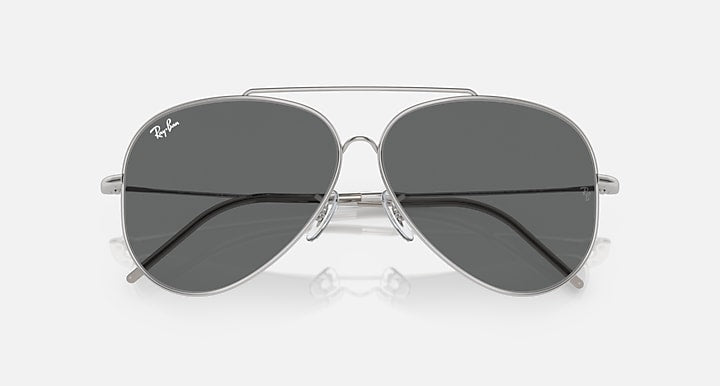 Ray-Ban aviator reverse sunglasses, silver frame, dark gray mirrored lenses, straight front
