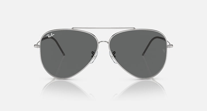 Ray-Ban aviator reverse sunglasses, silver frame, dark gray mirrored lenses, front view