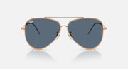 Ray-Ban aviator sunglasses, frontal view, rose gold frame with dark blue lenses