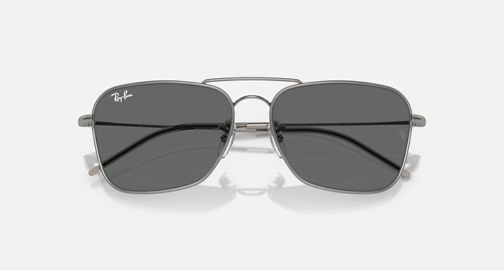 Ray-Ban Caravan Reverse sunglasses with dark grey lenses and gunmetal frame, top-front angle.