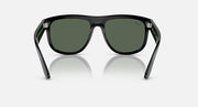 Ray-Ban sunglasses with black frame and dark green lenses, front view with metal accents.