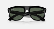 Ray-Ban sunglasses with black frame and dark green mirrored lenses, angled front view.