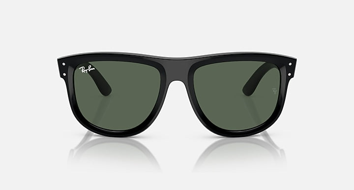 Ray-Ban sunglasses with black frame and dark green mirrored lenses, top view.