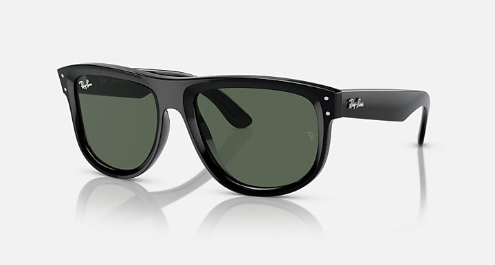 Ray-Ban sunglasses with black frame and dark green mirrored lenses, cat-eye style.